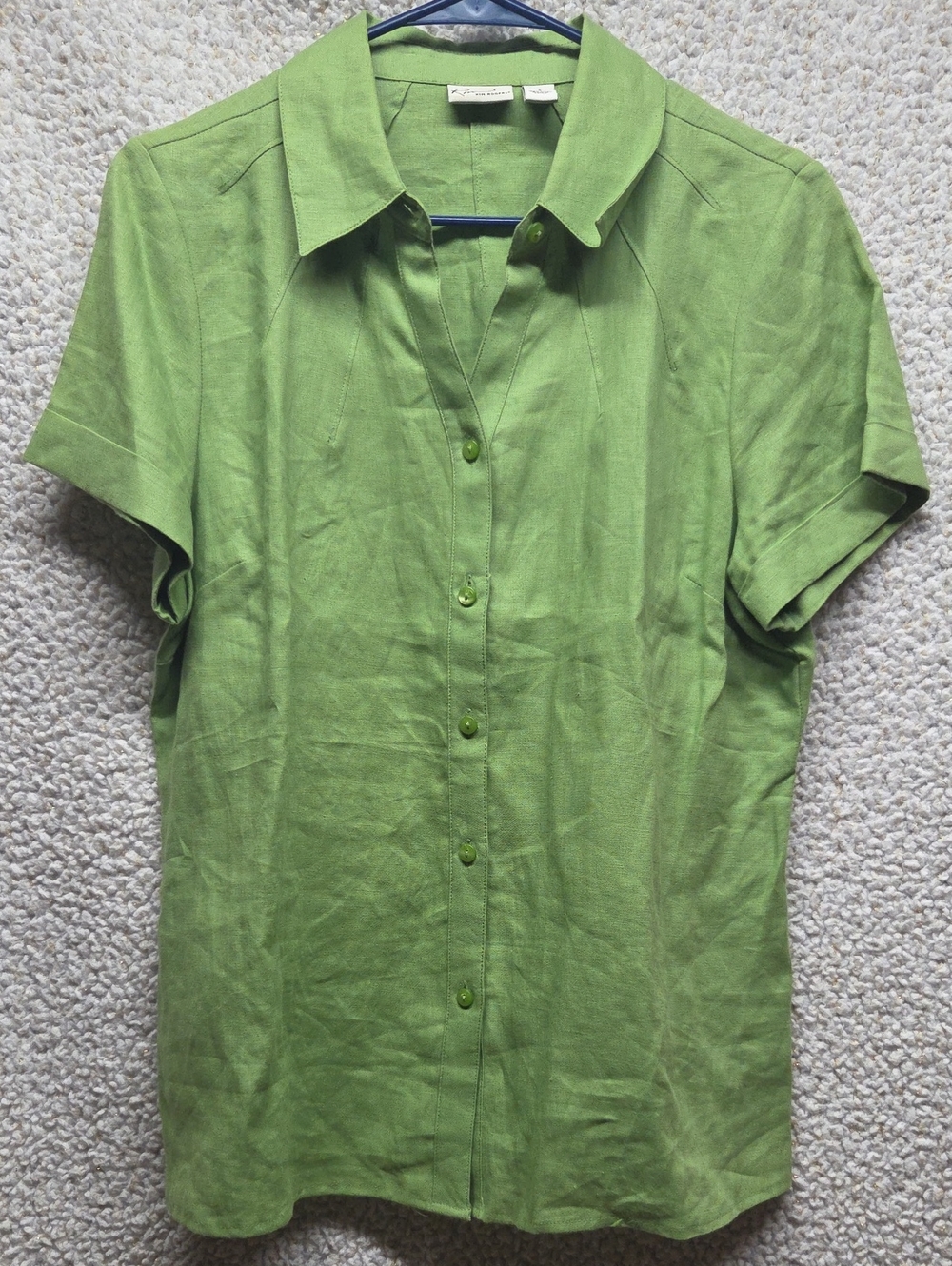 Kim Rogers 100% Linen Bright Green Short Sleeve Button Front Blouse